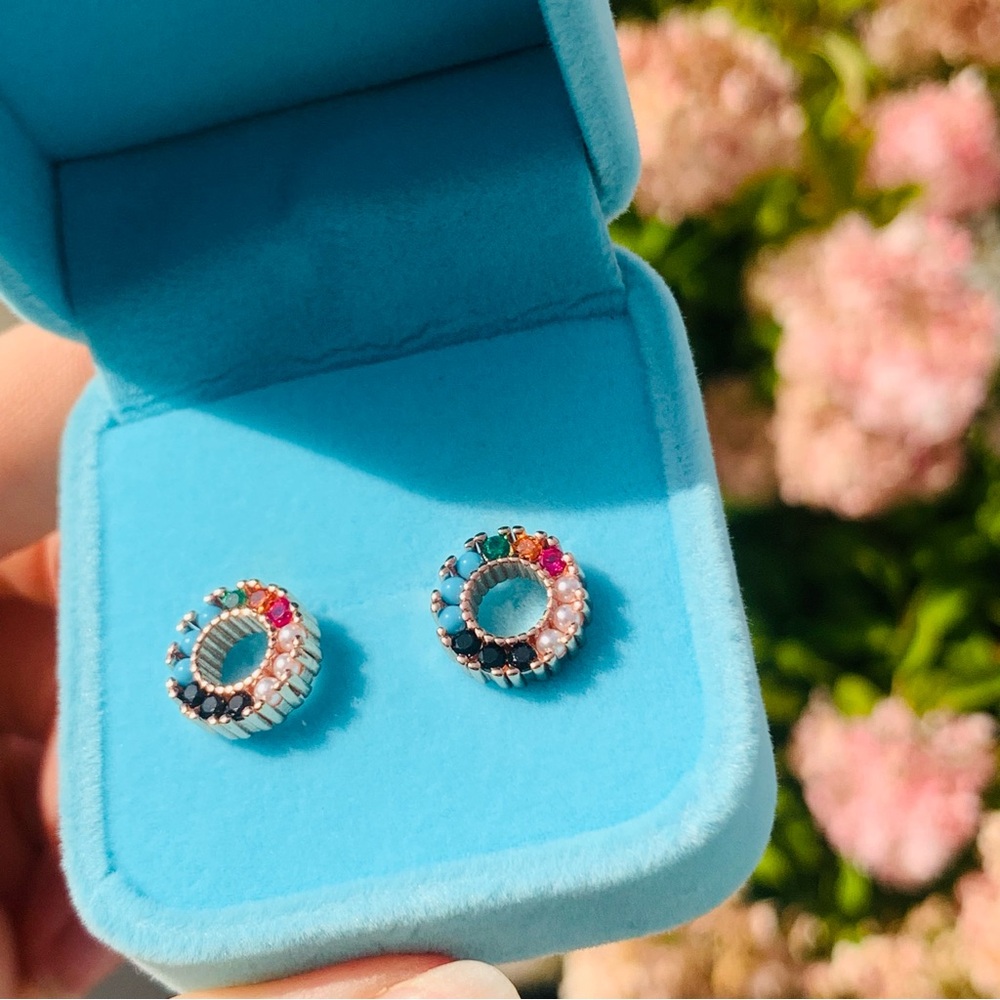 Tous Multicolor Circle Beaded Round Doughnut Spanish Bear Earrings Pin Studs